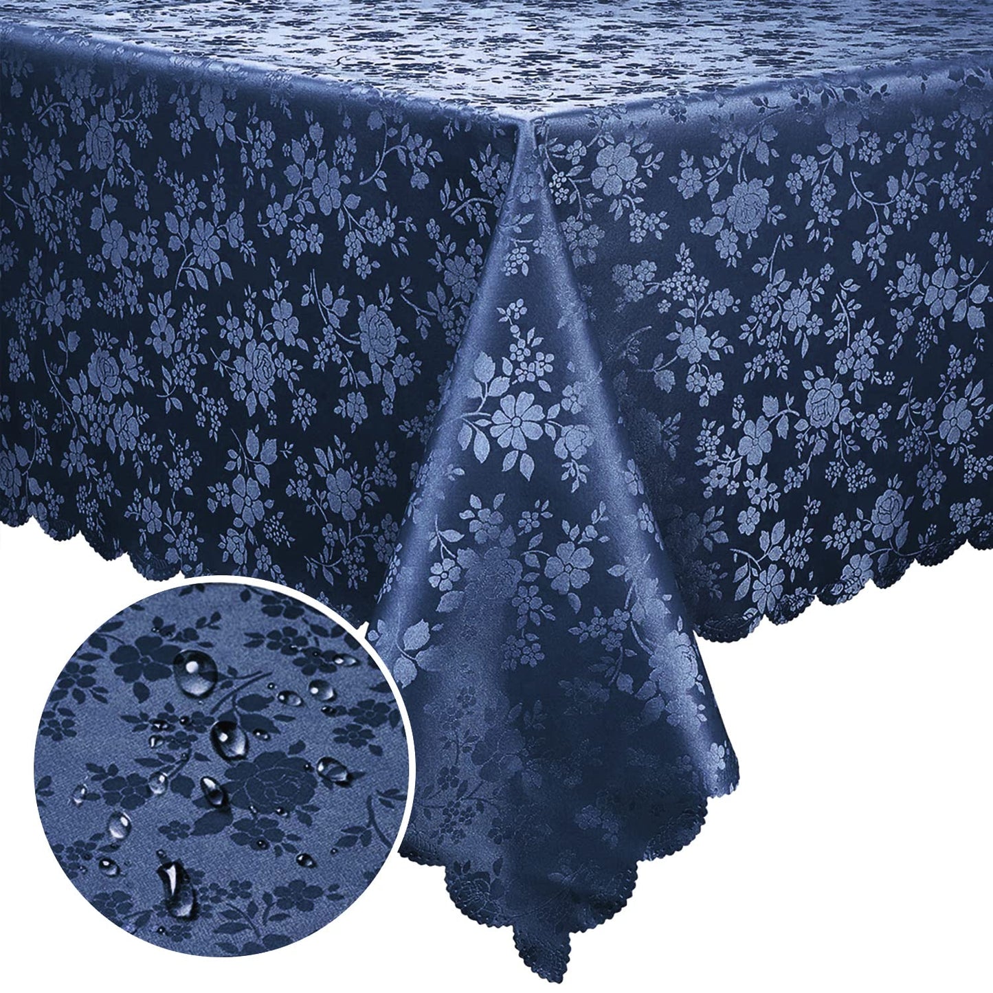 Elegant navy blue tablecloth with floral pattern, waterproof and wipeable for kitchen use, size 60" x 84".