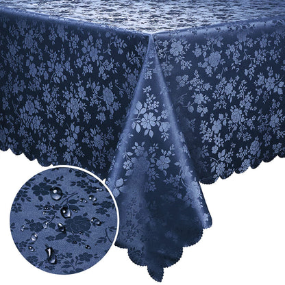 Elegant navy blue tablecloth with floral pattern, waterproof and wipeable for kitchen use, size 60" x 84".