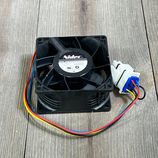 Refrigerator evaporator fan motor with multicolored wires, compatible with GE Appliances WR60X26866, WR60X26033 models.