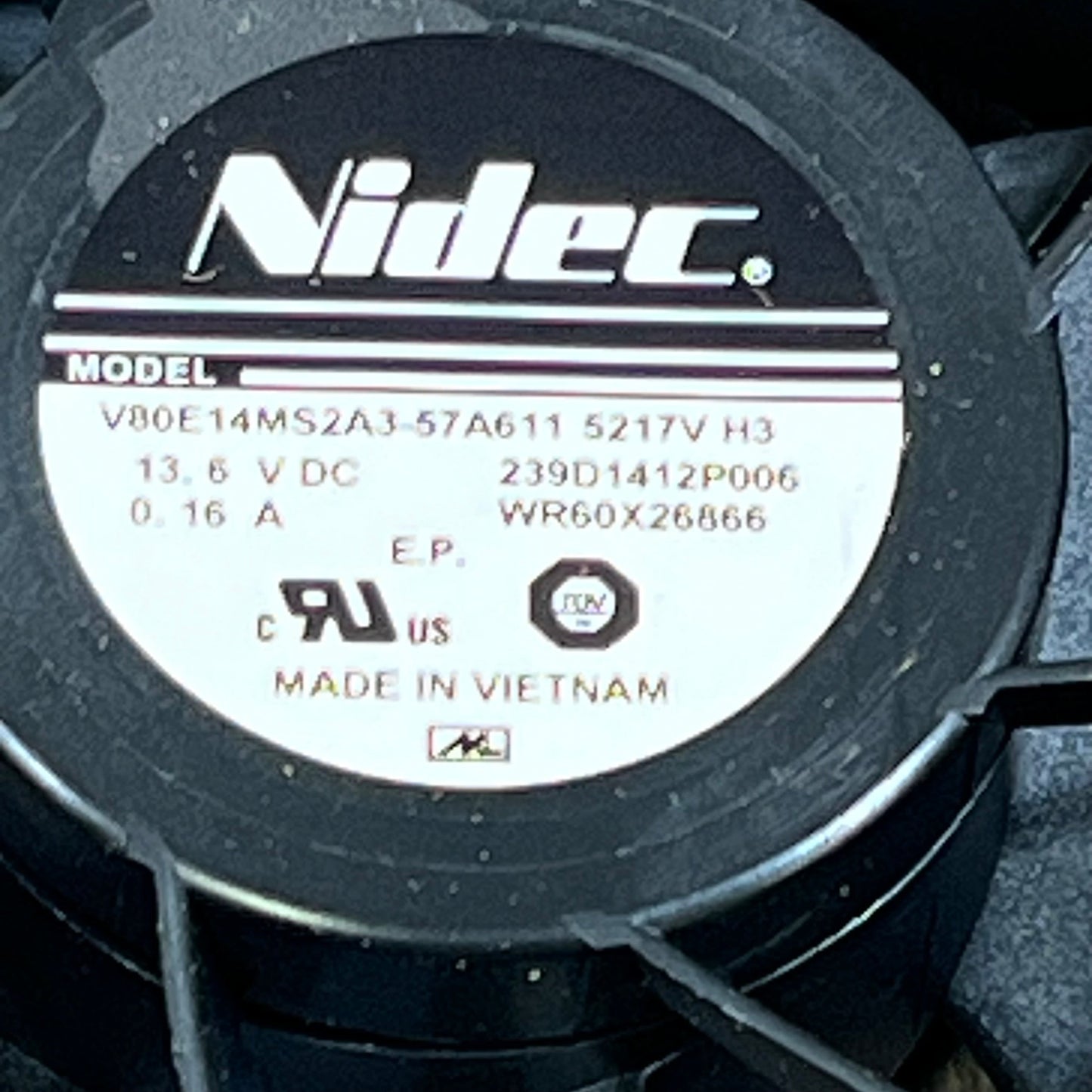 Nidec fan motor for GE Appliances refrigerator, model WR60X26866, showing label details.