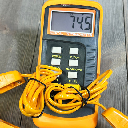 Digital K Type Thermocouple Thermometer with dual channels, displaying 74.5°C, includes temperature clamp and probes.