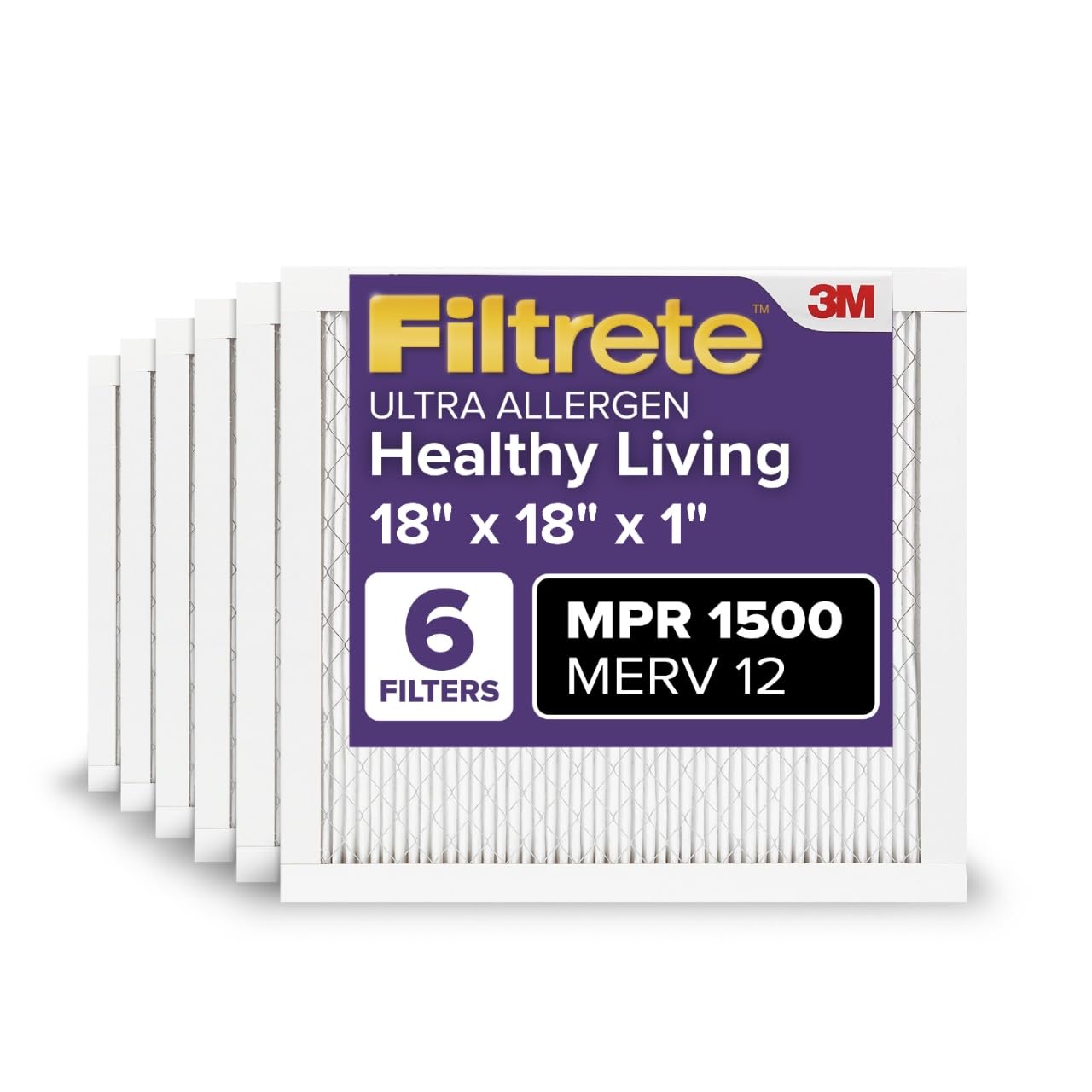 Filtrete AC Furnace Air Filter 18x18x1, MERV 12, MPR 1500, asthma & allergy friendly, 6-Pack, electrostatic pleated.