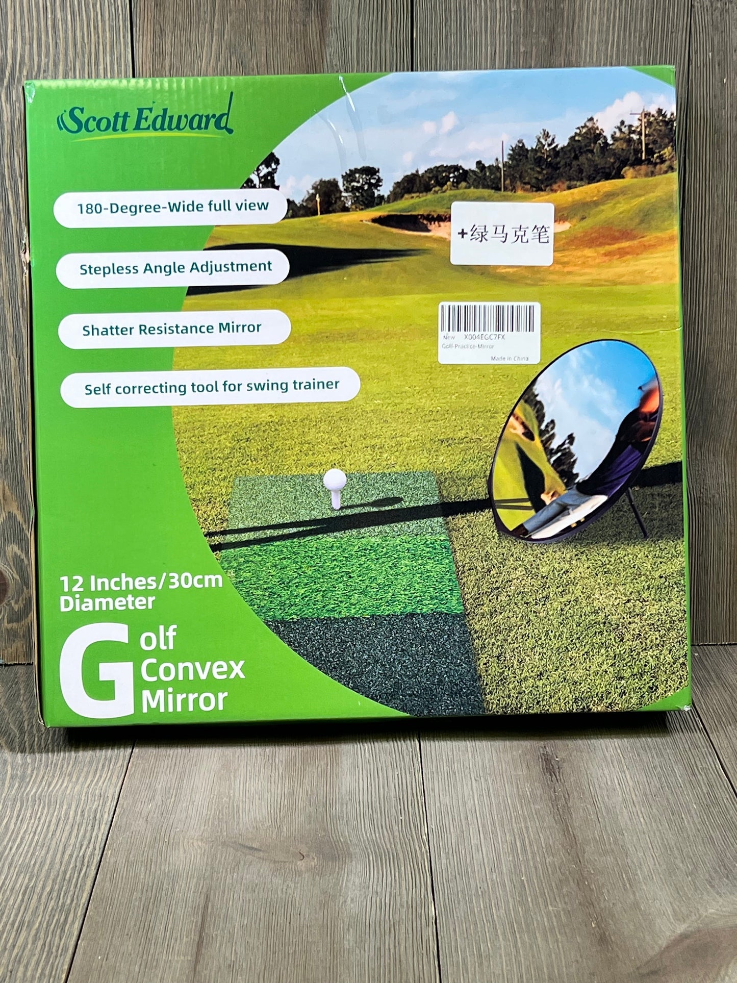 Packaging of Scott Edward Golf Convex Mirror with features like shatter resistance and adjustable angle displayed.