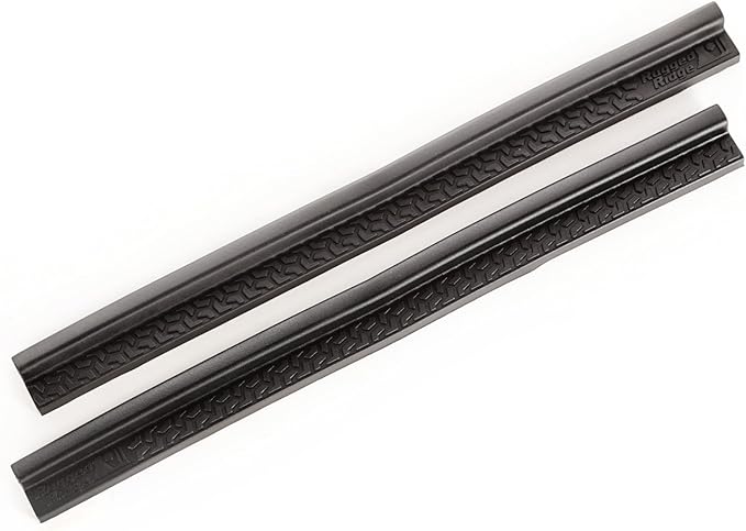 Black thermoplastic entry guards for Jeep Wrangler TJ/LJ, 2-piece set, enhances durability and style, fits 1997-2006 models.