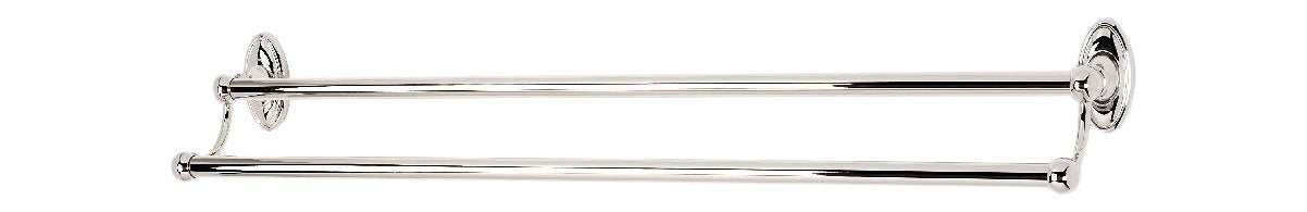 Polished nickel double towel bars with traditional design, ideal for elegant bathroom decor.