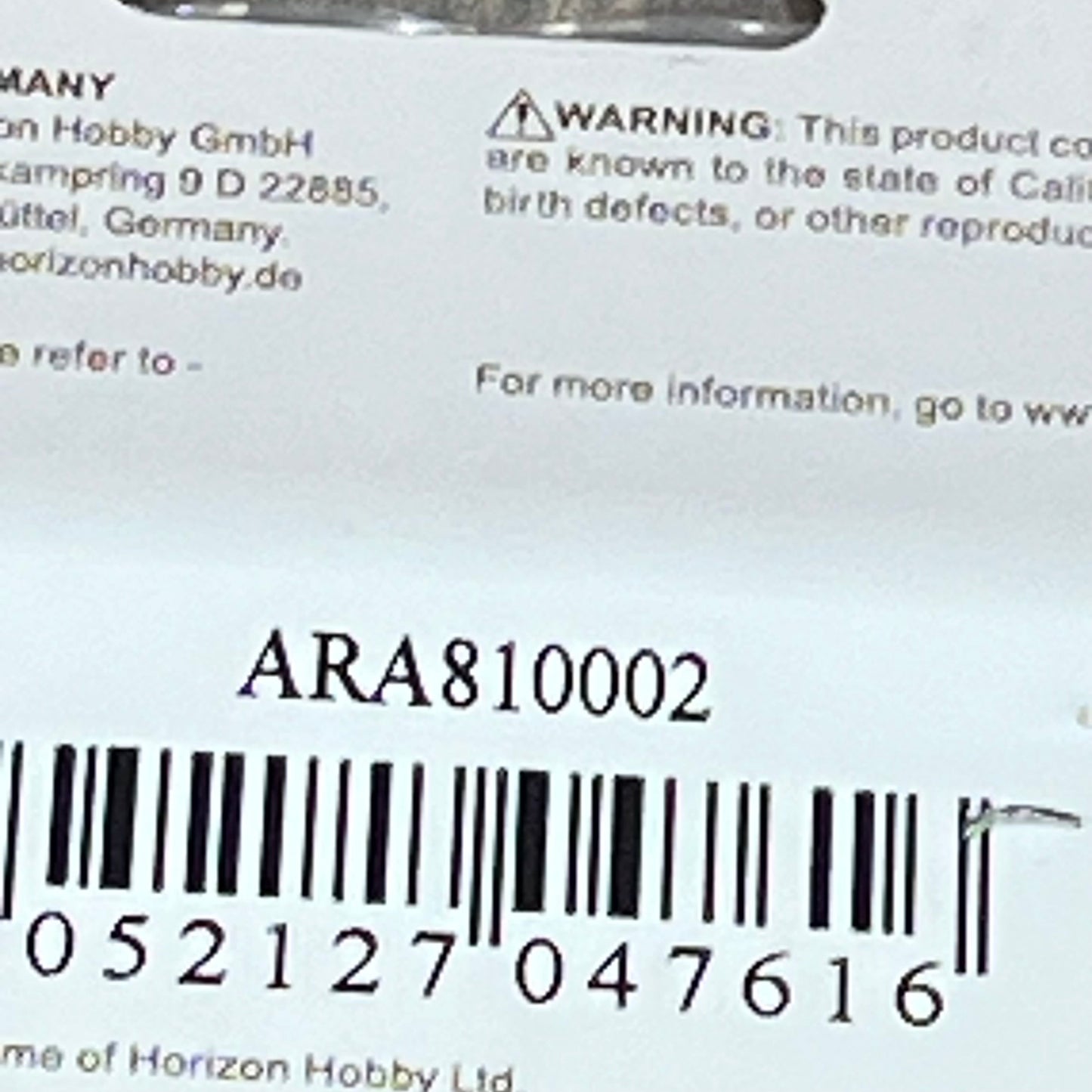 Barcode and packaging details for ARRMA 24mm Wheel Wrench, model ARA810002, essential for RC vehicle maintenance.