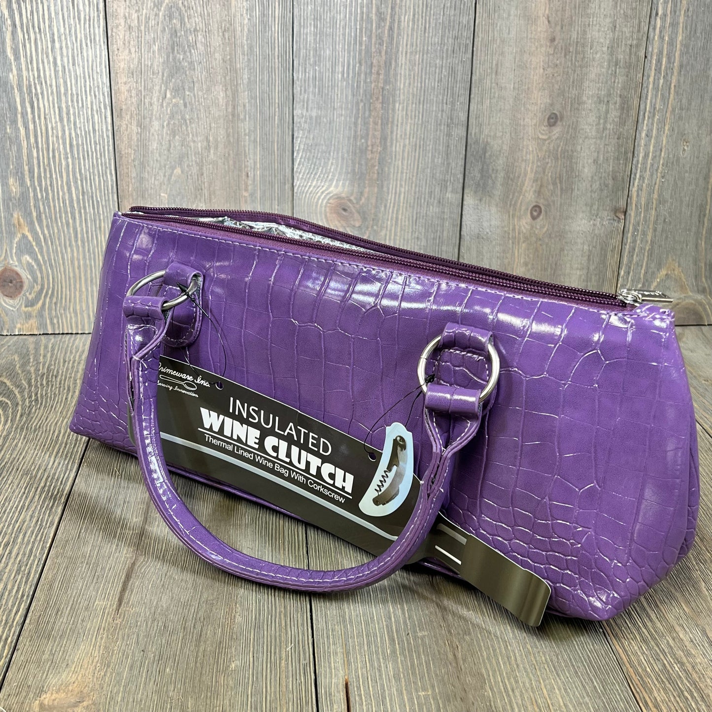 Purple Primeware wine clutch bag with thermal insulation, perfect for carrying 750mL bottles, includes corkscrew.
