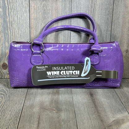Purple Primeware wine clutch bag with thermal insulation, stylish tote for 750mL bottles, includes corkscrew.