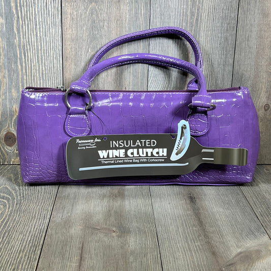 Purple Primeware wine clutch bag with thermal insulation, stylish tote for 750mL bottles, includes corkscrew.