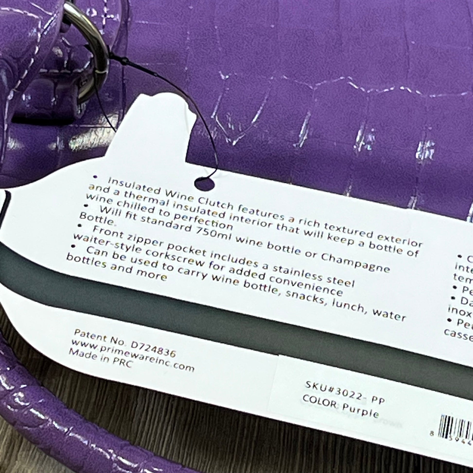 Purple Primeware Wine Clutch Bag with thermal insulation, featuring a stylish design and portable corkscrew for 750mL bottles.