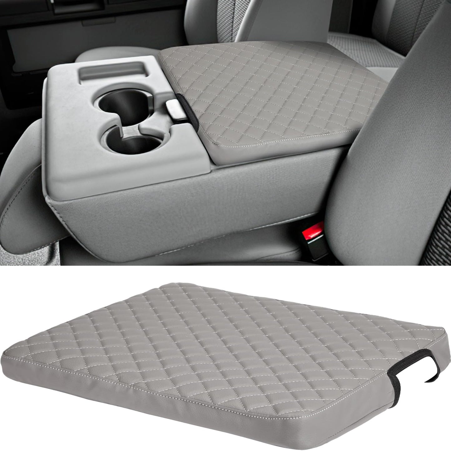Gray leather armrest cover for Ford F250 F350 F450, compatible with 2011-2016 models, featuring quilted design and cup holder.