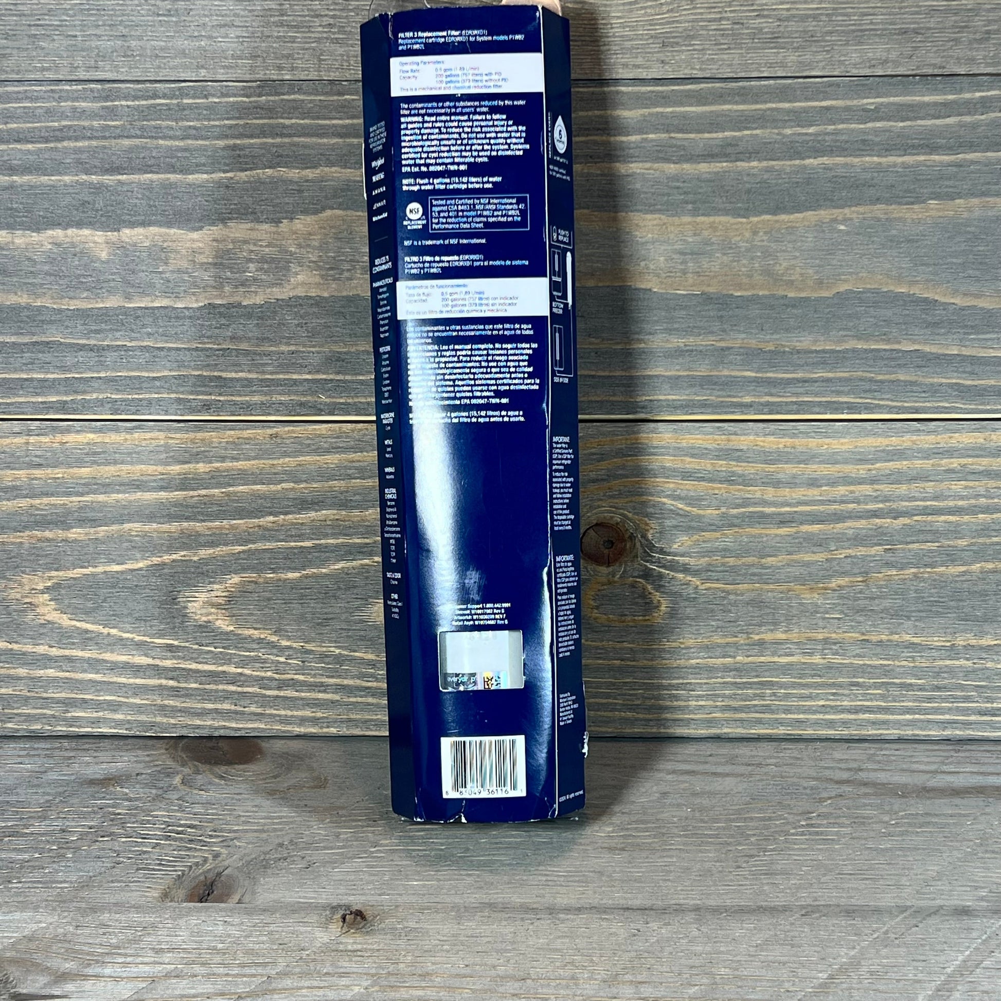 Rear view of everydrop® by Whirlpool Refrigerator Filter 3 packaging, showcasing product details and barcode.