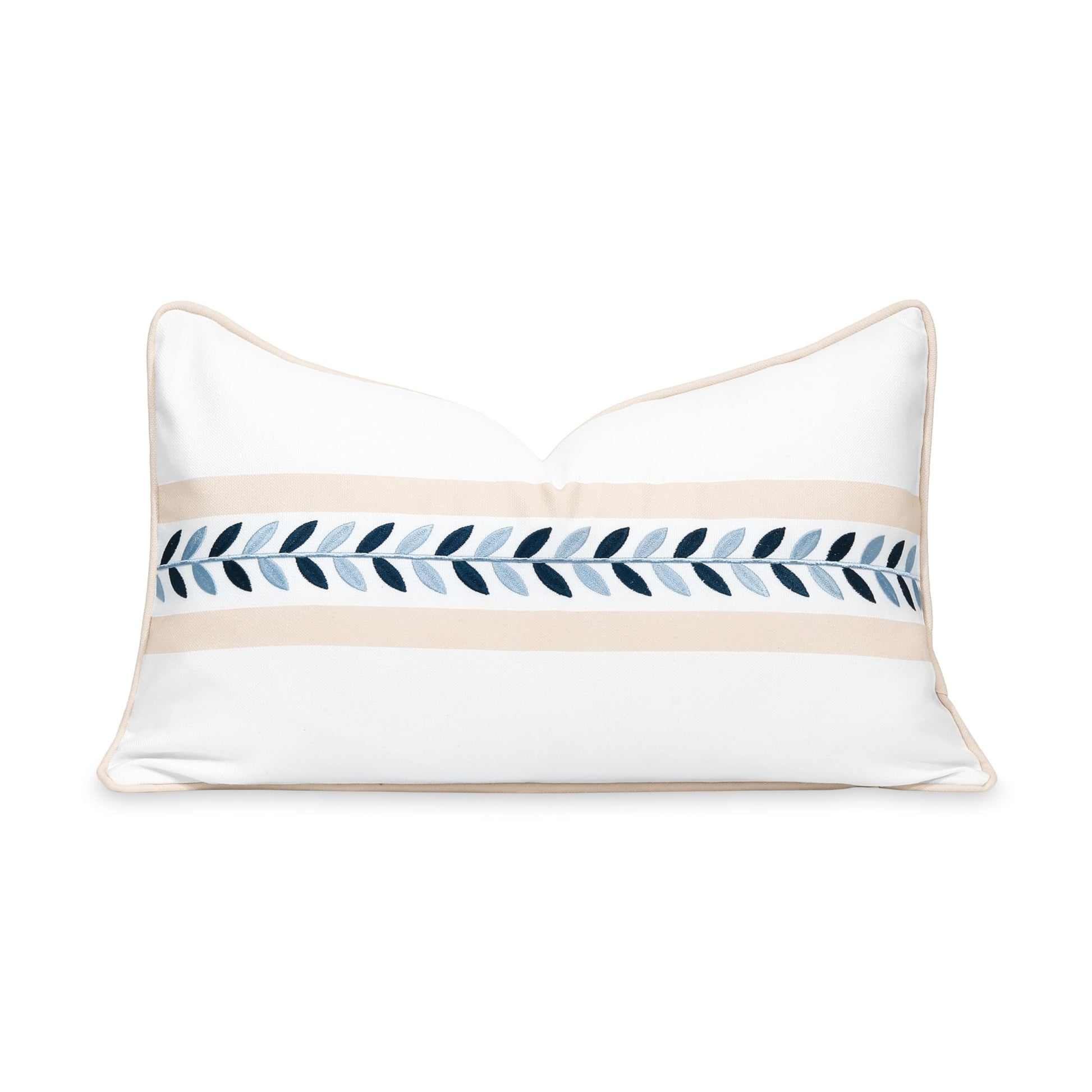 Coastal lumbar pillow cover, 12"x20", features a tan embroidered leaf pattern with piping, perfect for patio or indoor decor.