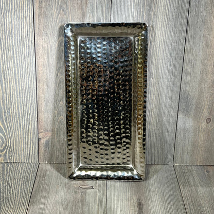 Hand hammered nickel finish serving tray, 12-inch rectangle platter for parties, desserts, and fruits on wooden background.