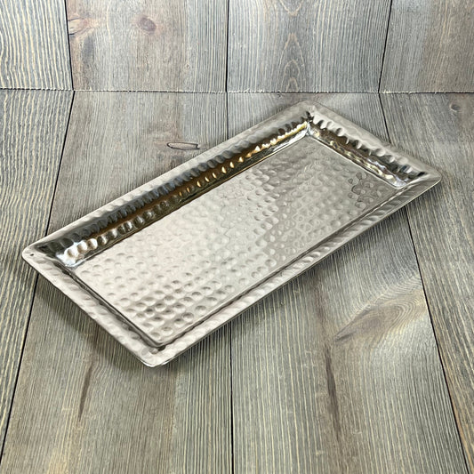 Hand hammered metal serving tray with nickel finish, perfect for parties and desserts, 12-inch rectangular platter.