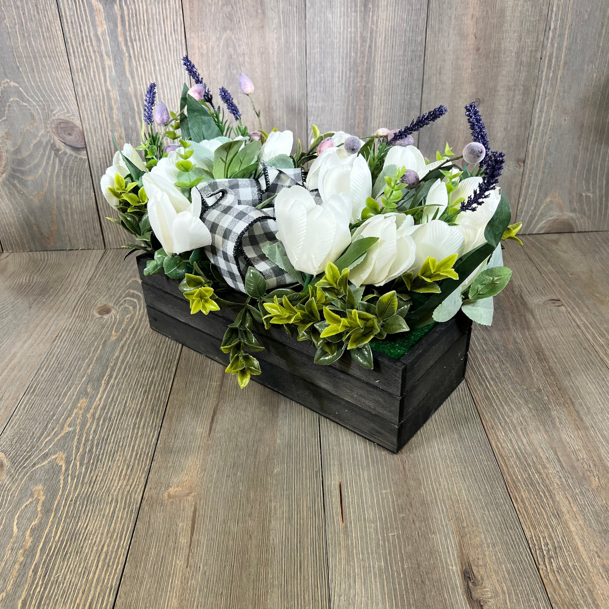 Artificial white tulips and lavender in a rustic wood box, perfect for spring table decor and Easter centerpiece.