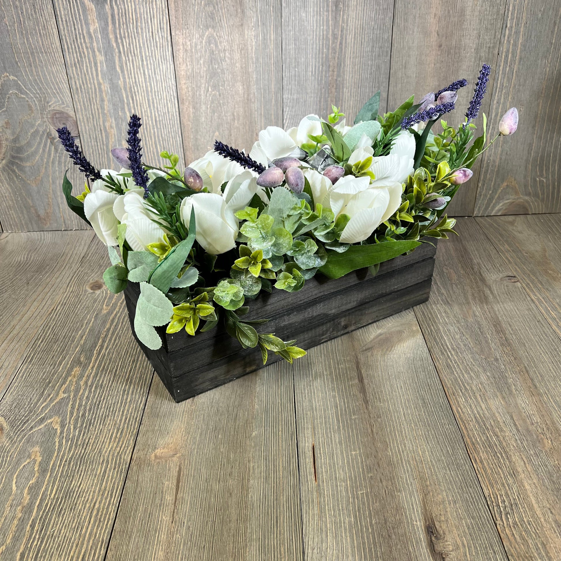 Artificial white tulips and lavender in rustic wood box, perfect for spring and Easter tabletop decor.