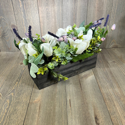 Artificial white tulips and lavender in rustic wood box, perfect for spring and Easter tabletop decor.