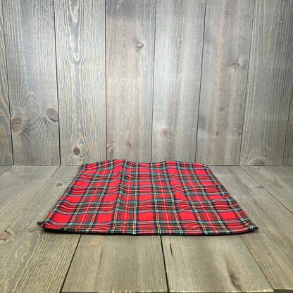 Red Scottish tartan plaid throw pillow cover on wooden floor, perfect for Christmas farmhouse decor, 16x16 inches.