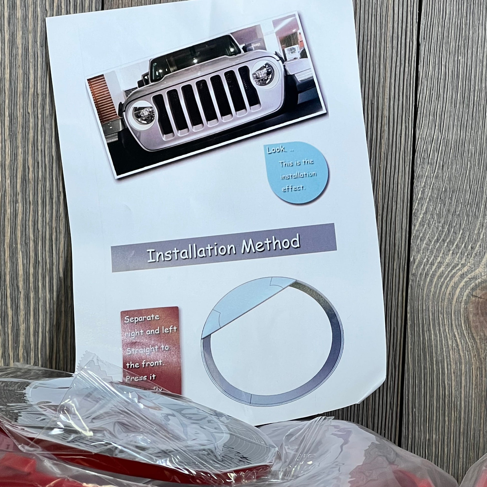 Jeep Wrangler grille mesh and headlight cover installation guide, showcasing red trim accessory for 2018-2023 models.