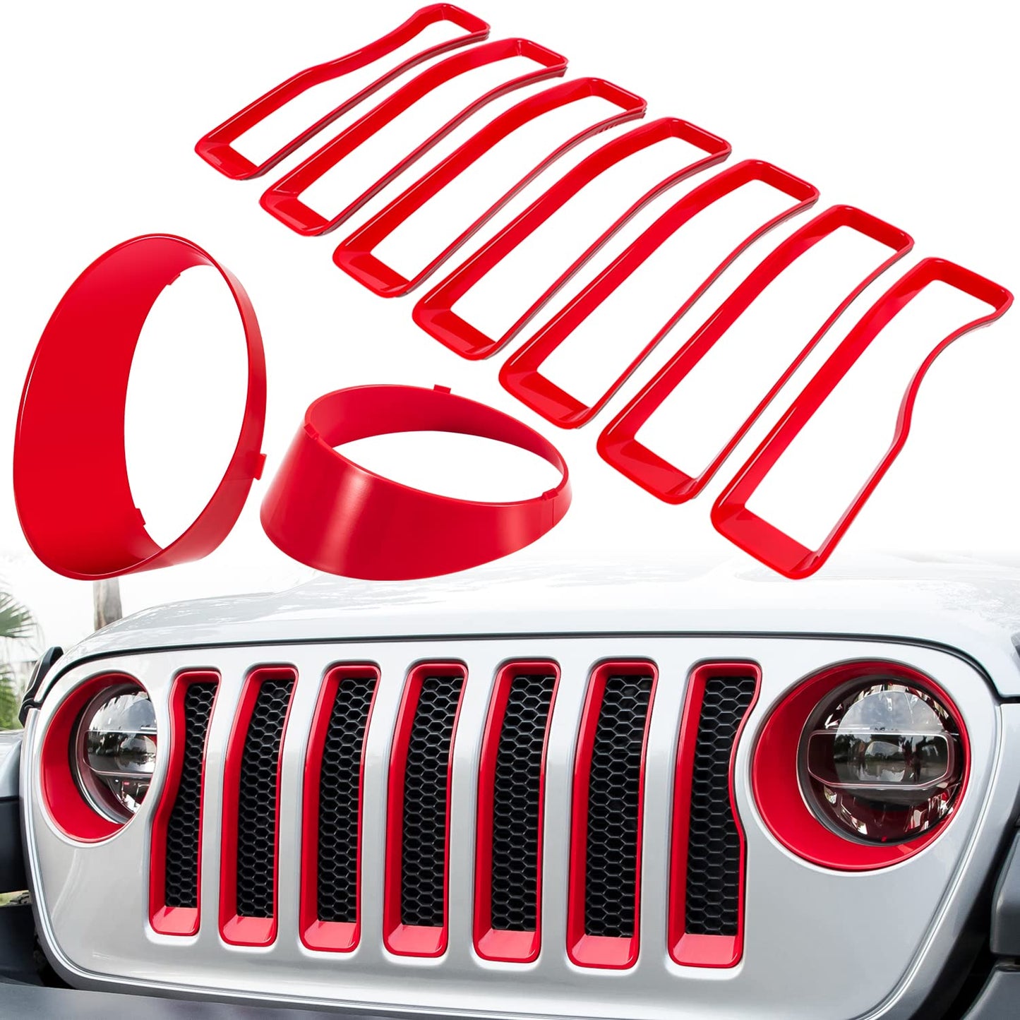 Red grille mesh inserts and headlight covers for Jeep Wrangler JL JLU 2018-2023, enhancing exterior style.