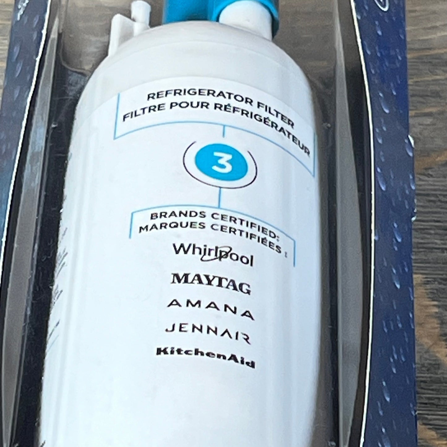 Refrigerator water filter compatible with Whirlpool, Maytag, Amana, and more, model EDR3RXD1, in original packaging.