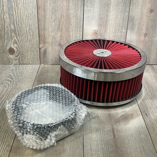 Red 9"x3" air filter assembly kit with mounting stud, wing nut, and air cleaner riser for V8 4 barrel carburetor engines.