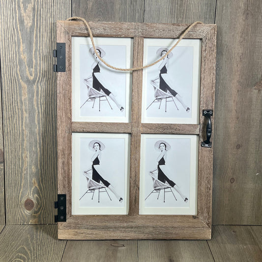 Rustic farmhouse window photo frame with distressed wood, holds four 4x6 or 5x7 photos, perfect for vintage decor.