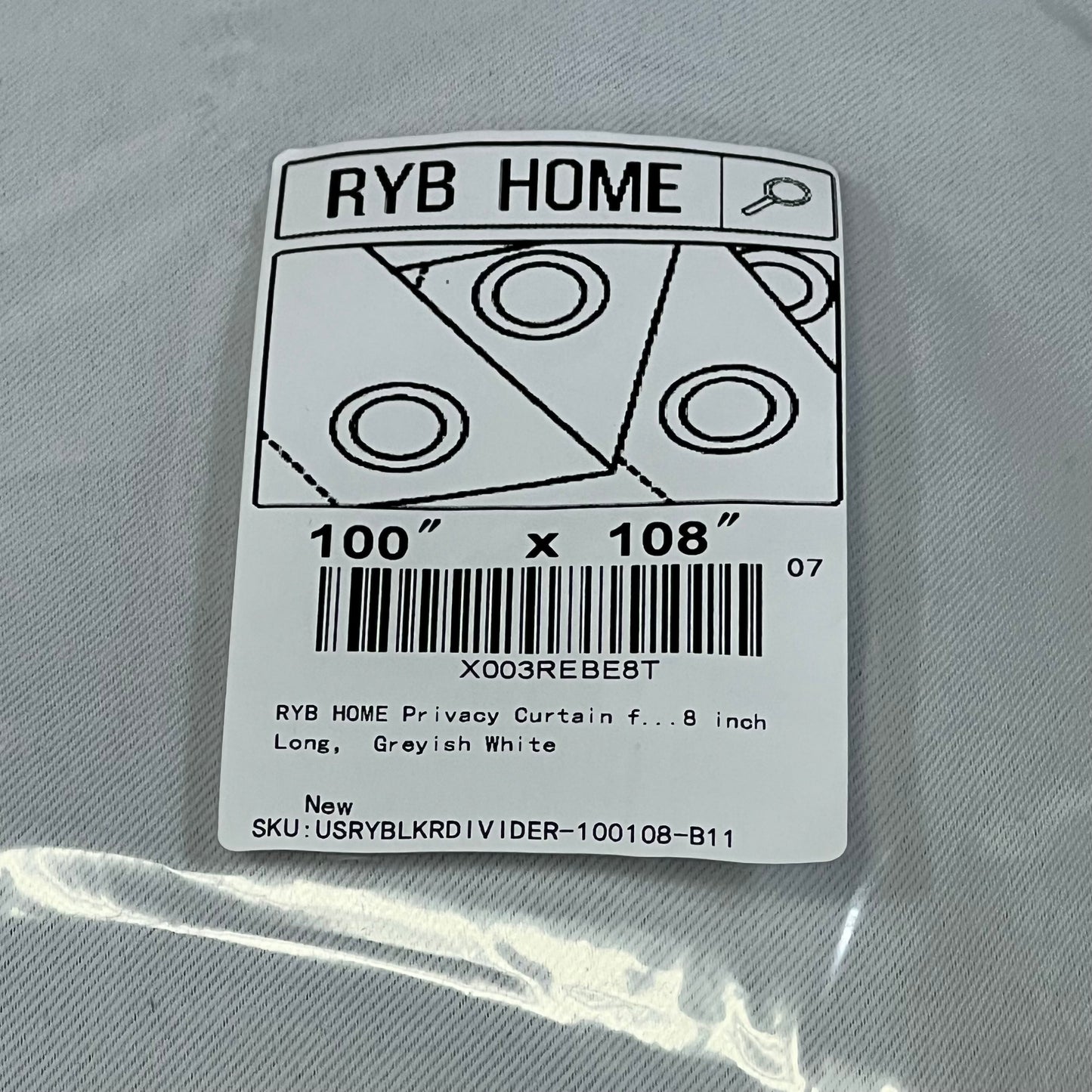 RYB HOME Privacy Curtain label showing dimensions 100x108 inches, Greyish White, ideal for sliding glass doors.