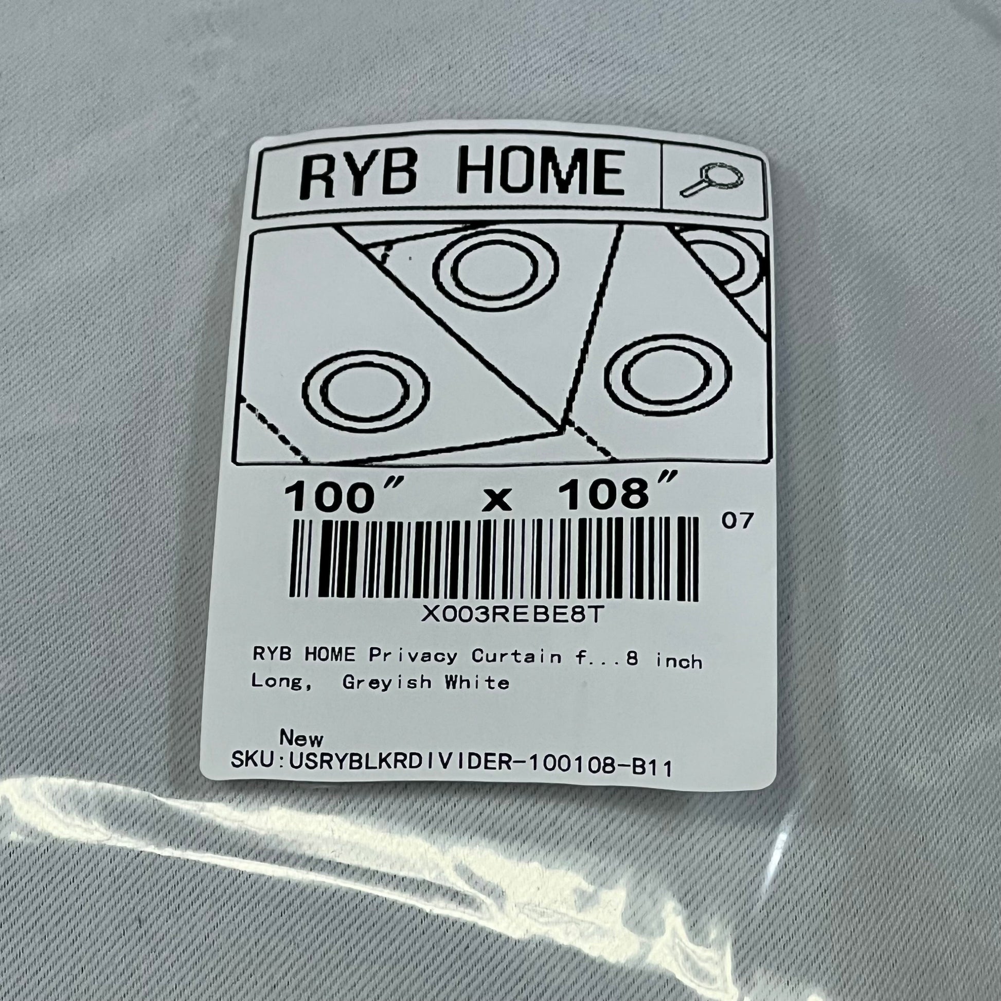 RYB HOME Privacy Curtain label showing dimensions 100x108 inches, Greyish White, ideal for sliding glass doors.