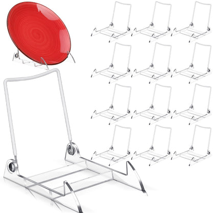 11-piece acrylic plate stand set with adjustable white wire and clear easels, displaying a vibrant red plate.