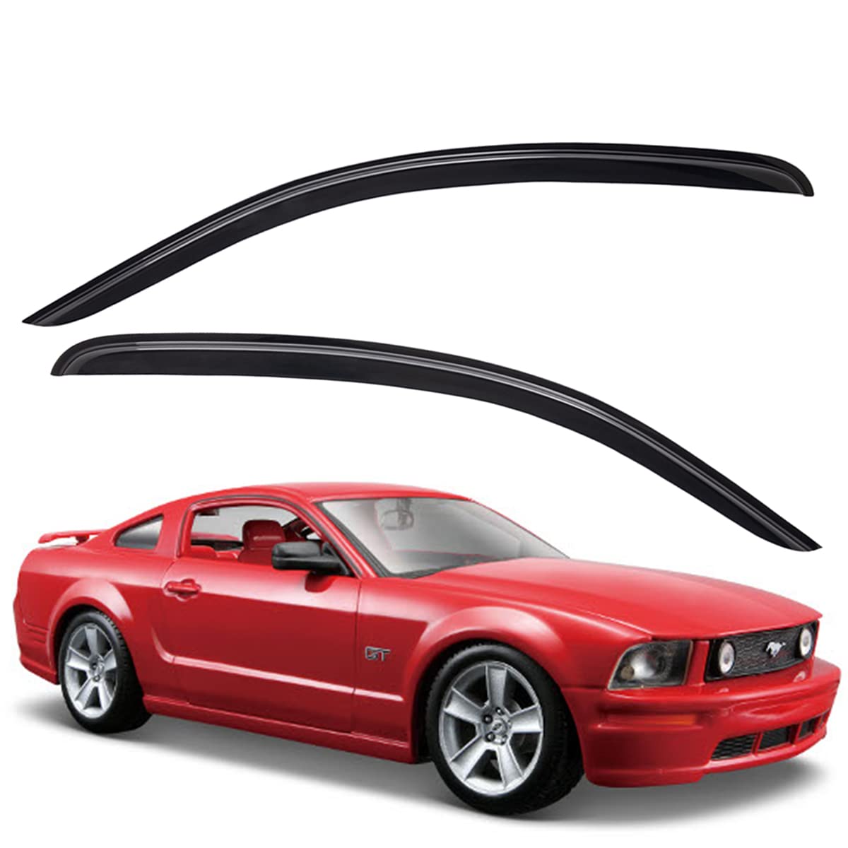 Durable window visors for 2005-2009 Ford Mustang Coupe, dark smoke finish, providing UV protection and rain guard.