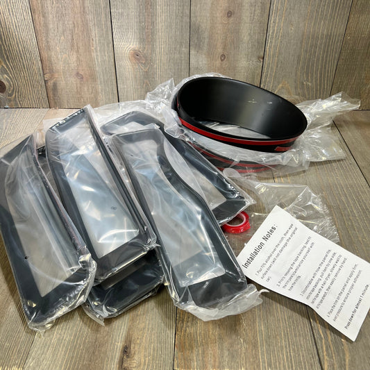 Matte black grill inserts and headlight trim covers for Jeep Wrangler JL 2018-2023, shown with installation notes.