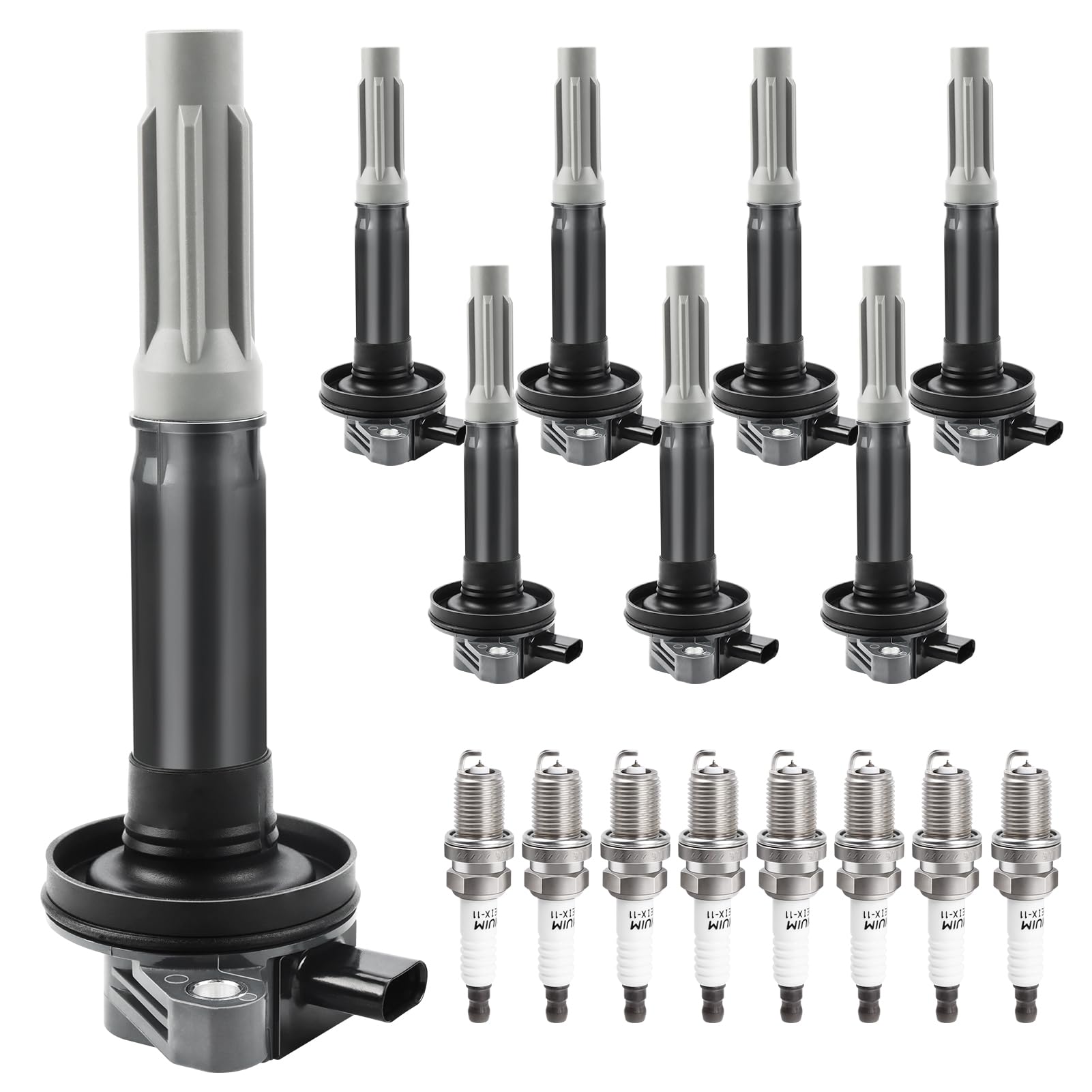 Set of 8 ignition coil packs and spark plugs for V8 5.0L engines, compatible with 2016-2017 Ford F-150 and Mustang.