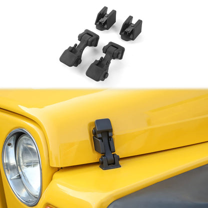 Black factory-style hood latches for Jeep Wrangler TJ 1997-2006 on a yellow hood, showcasing installation and design.