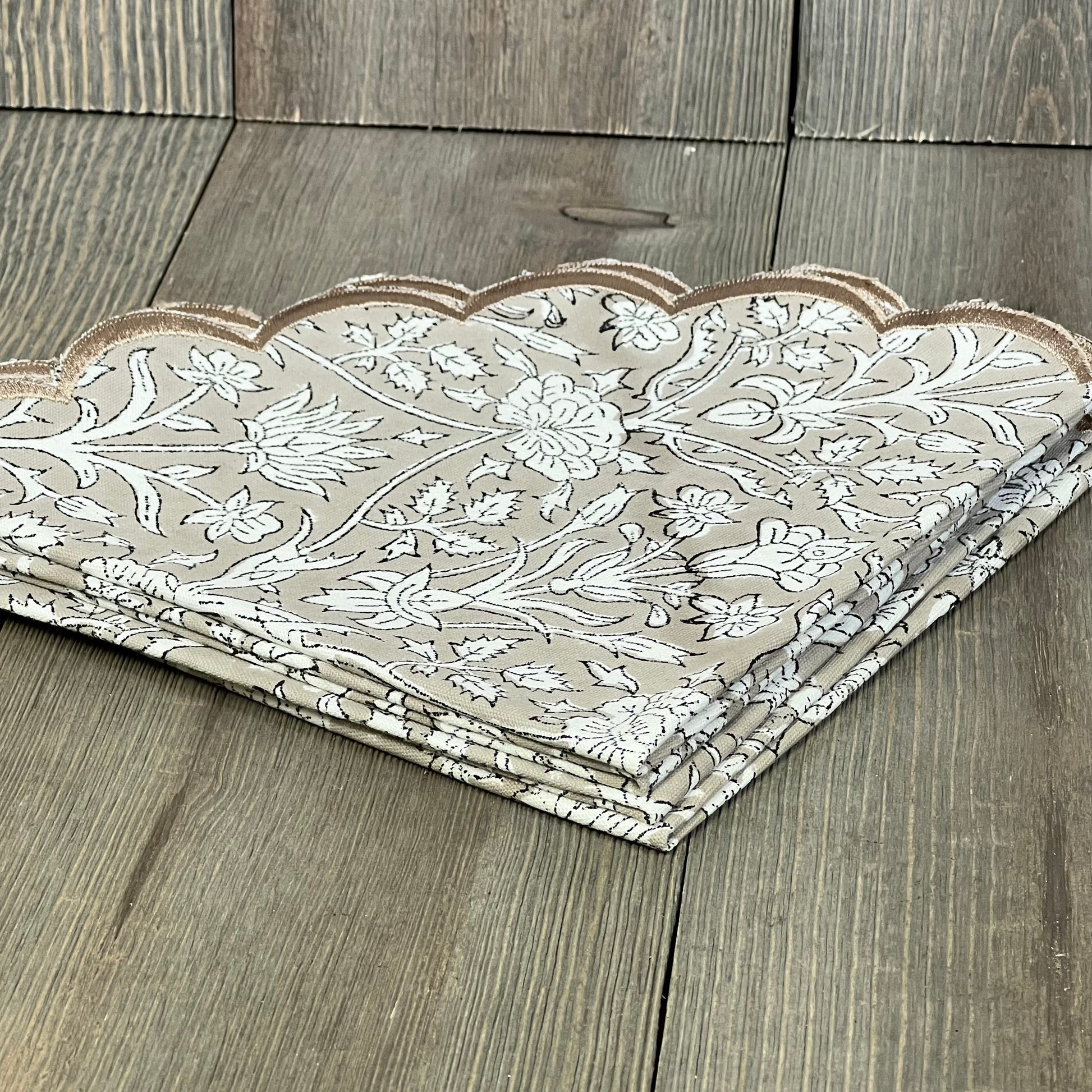 Taupe floral block print round placemats, 15" cotton, washable, elegant Easter table decor, pack of 4.