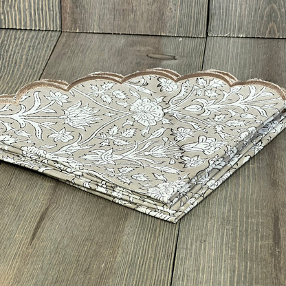 Taupe floral block print round placemats, 15" cotton, washable, elegant Easter table decor, pack of 4.