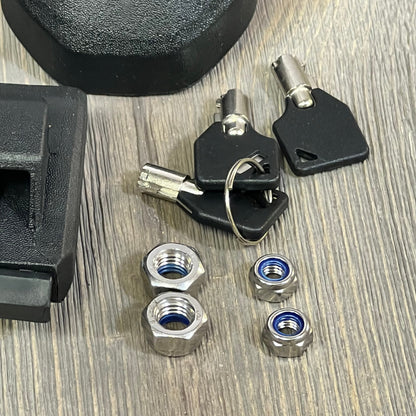 Locking hood latch components and keys for Jeep Wrangler JL JLU Gladiator JT, featuring durable black finish and secure fit.