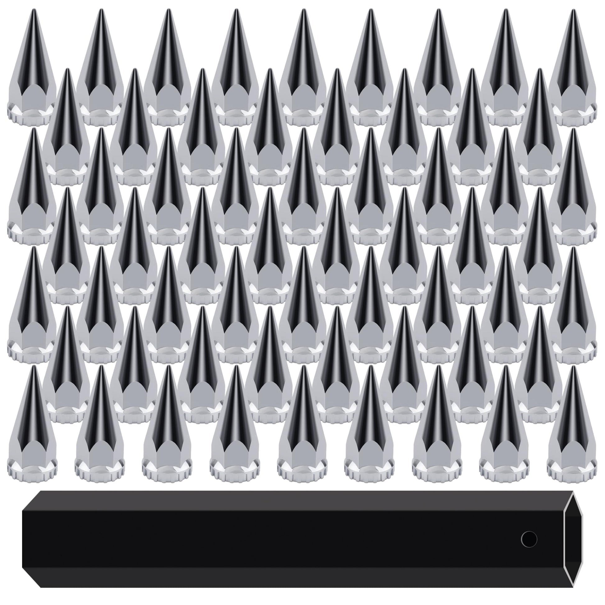 Chrome spike lug nut covers for semi trucks, 33mm x 4 3/4", pack of 60, featuring sleek pointed design and screw-on installation.
