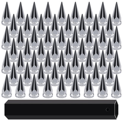 Chrome spike lug nut covers for semi trucks, 33mm x 4 3/4", pack of 60, featuring sleek pointed design and screw-on installation.