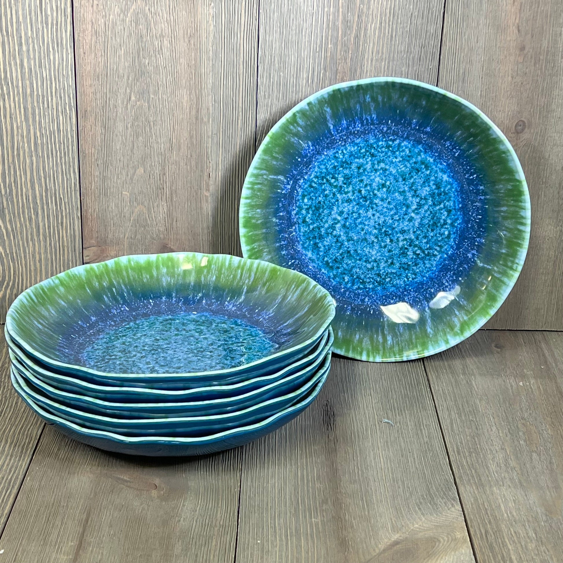 Turquoise teal melamine pasta bowls set of 6, wide and shallow, perfect for salads and soups, dishwasher safe.