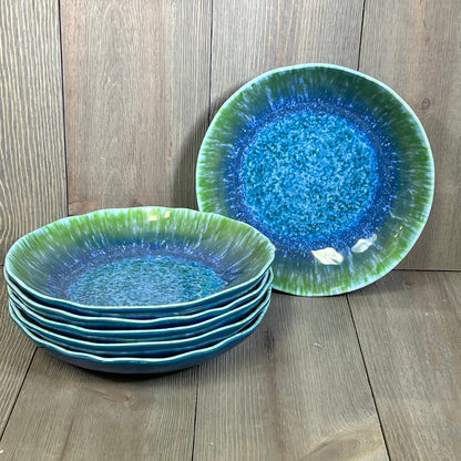 Turquoise teal melamine pasta bowls set of 6, wide and shallow, perfect for salads and soups, dishwasher safe.