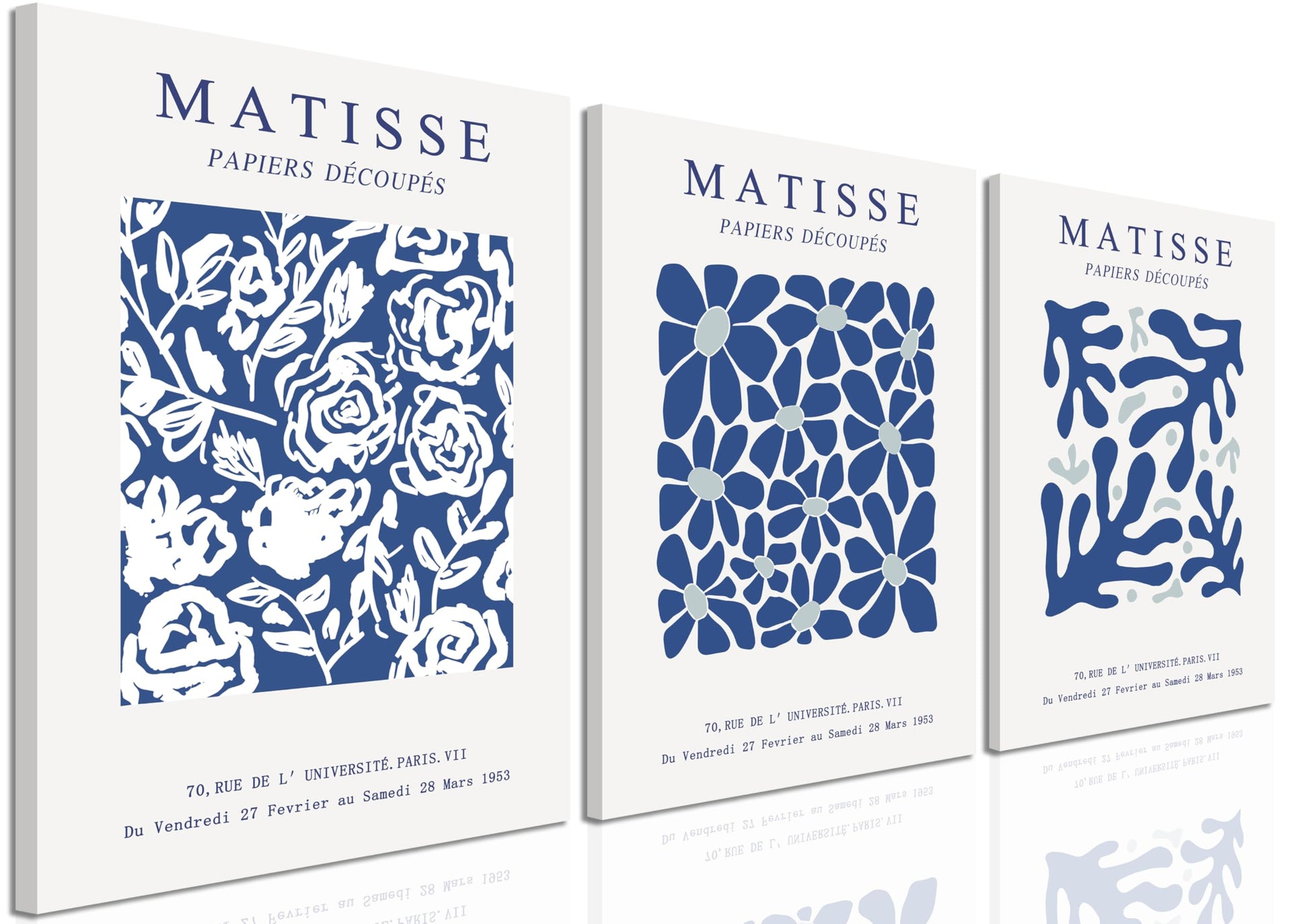 Set of three Henri Matisse-inspired navy blue abstract floral canvas prints, perfect for modern bedroom or living room decor.