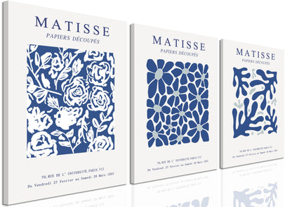 Set of three Henri Matisse-inspired navy blue abstract floral canvas prints, perfect for modern bedroom or living room decor.