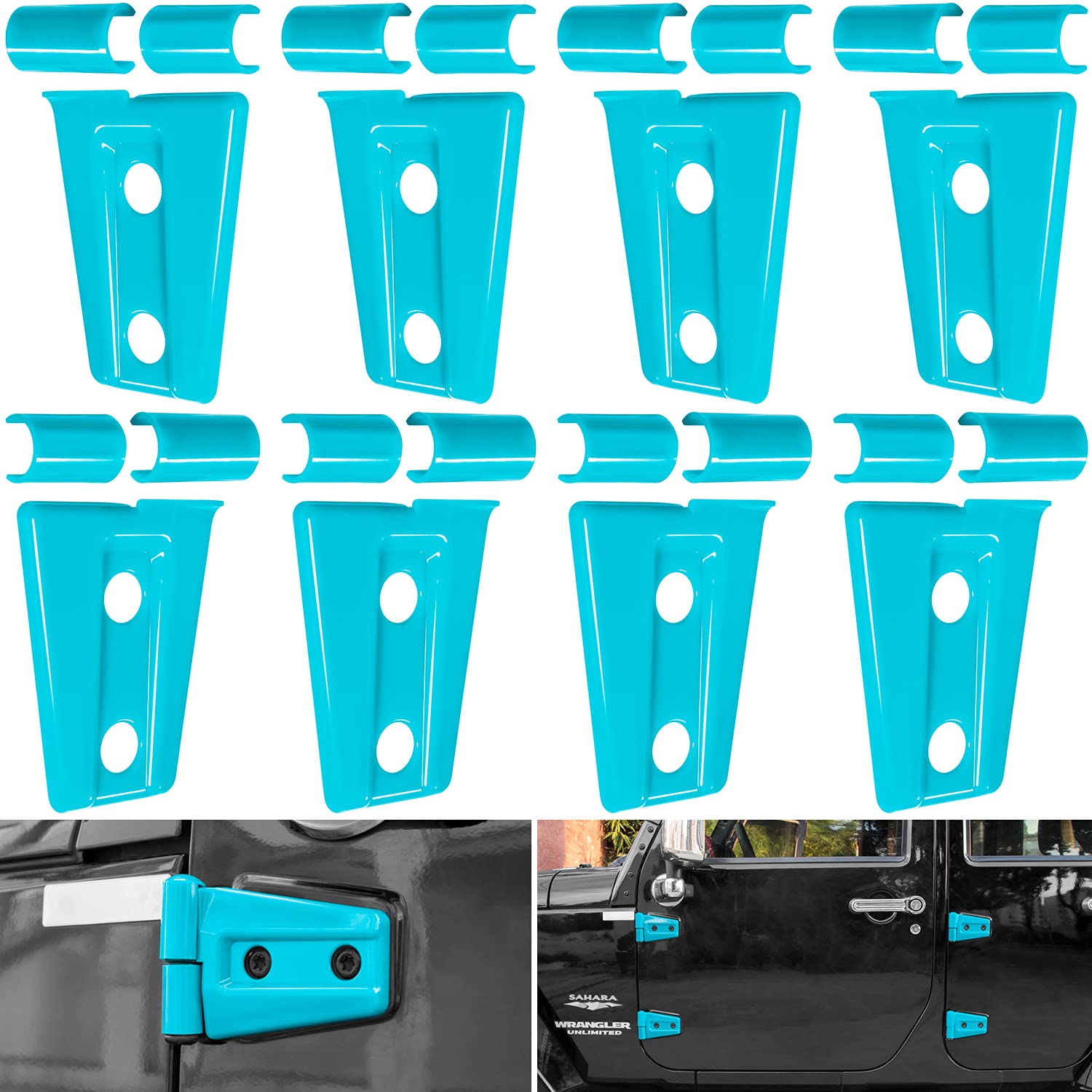 Light blue E-cowlboy door hinge cover trim set for 2007-2018 Jeep Wrangler JK JKU, enhancing exterior style and protection.