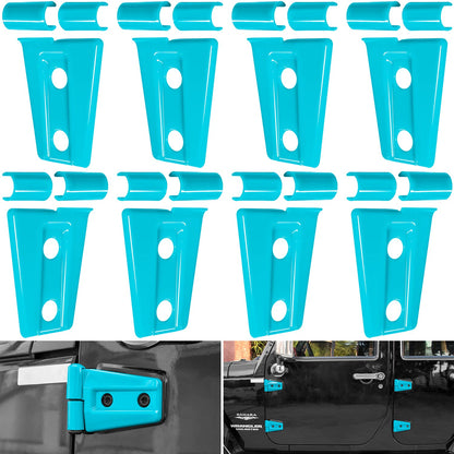 Light blue E-cowlboy door hinge cover trim set for 2007-2018 Jeep Wrangler JK JKU, enhancing exterior style and protection.