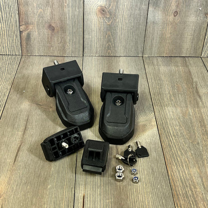 Black OEM hood latches with keys for Jeep Wrangler JL JLU Gladiator 2018-2024, enhancing security and style.
