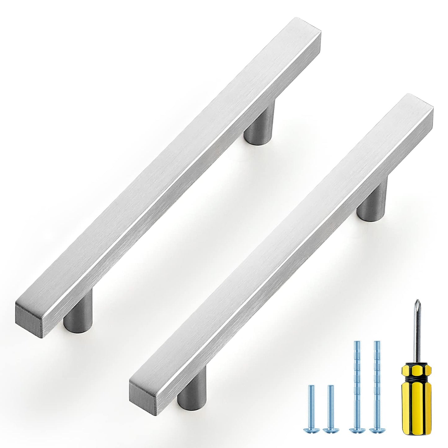 Brushed nickel cabinet handles with screws and screwdriver, 4-inch satin nickel pulls for kitchen or drawers, 6-inch overall length.
