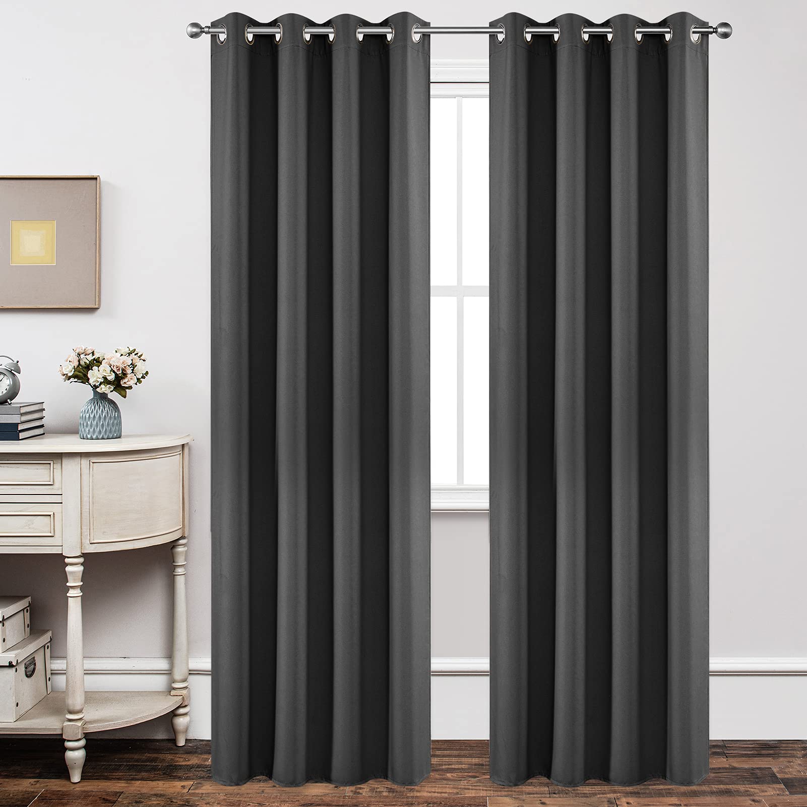 Dark grey Joydeco blackout curtains, extra long 108 inches, set of 2 panels, room darkening for living room or bedroom.