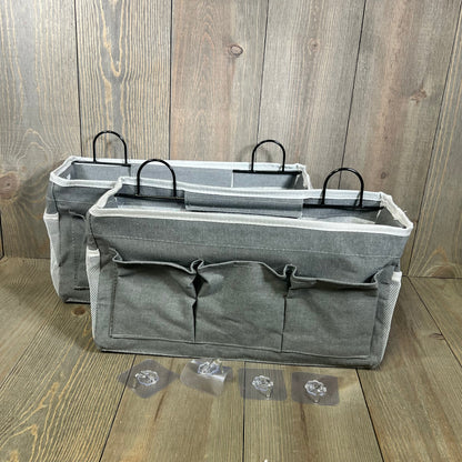 Gray Kanrichu wall hanging organizer bags with three pockets, ideal for kitchen and bedroom storage. Waterproof design included.